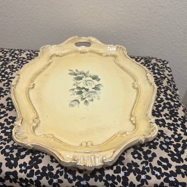 Vintage Italian Florentine Wood Serving Tray - Hand-Painted Roses & Scalloped Gilt Edge For Sale - Image 4 of 7
