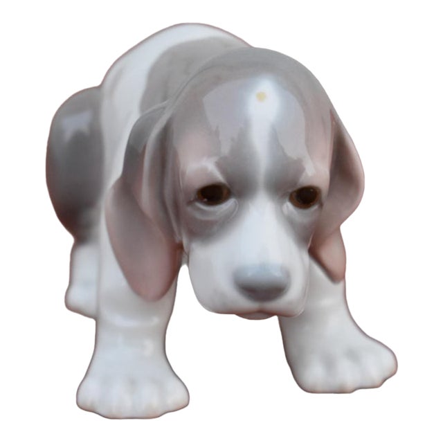 Vintage Lladro Porcelain Beagle Puppy Dog Figurine Grey White Glossy Spain Retir For Sale