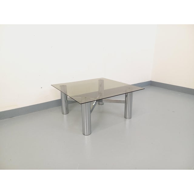 Mid-Century Modern Vintage Italian Space Age Square Coffee Table in Smoked Glass and Chromed Metal, 1970s For Sale - Image 3 of 18