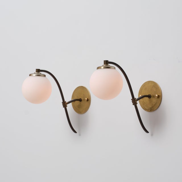 Metal Vintage Italian Brass and Opaline Globe Sconces, 1950s, Set of 2 For Sale - Image 7 of 12