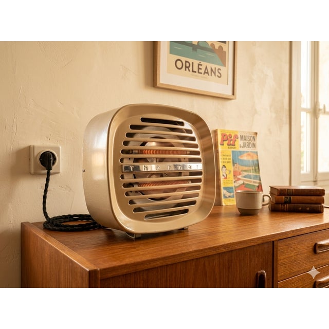 Thermor (orléans) electric space heater, france, 1950/60 front panel: cream/ivory enameled metal casing with rounded...