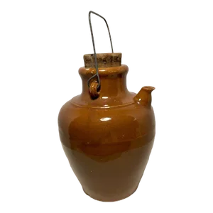 Antique 19th Century Brown Glazed Stoneware Jug With Wire Handle & Cork