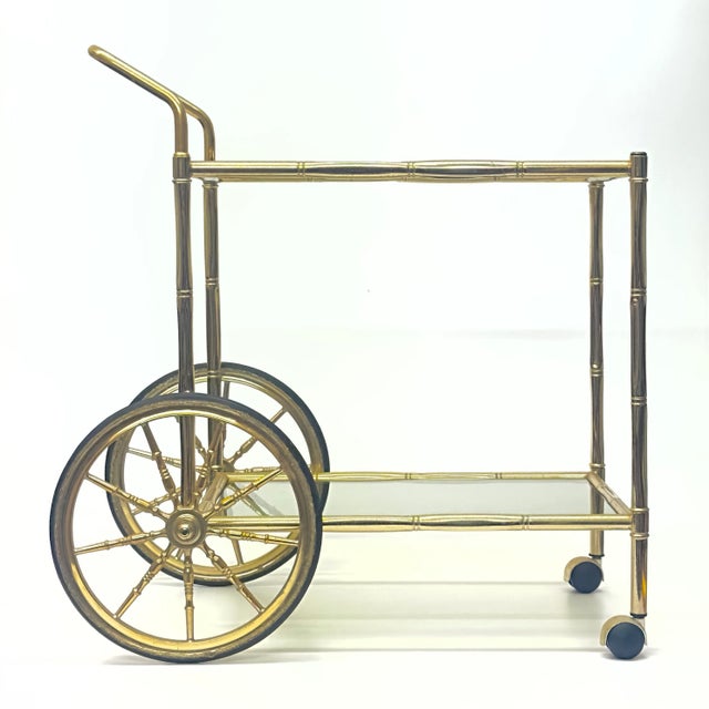 1970s Relocation Super Sale! Faux Bamboo Brass Bar Cart With Tinted Glass Shelves For Sale - Image 5 of 12