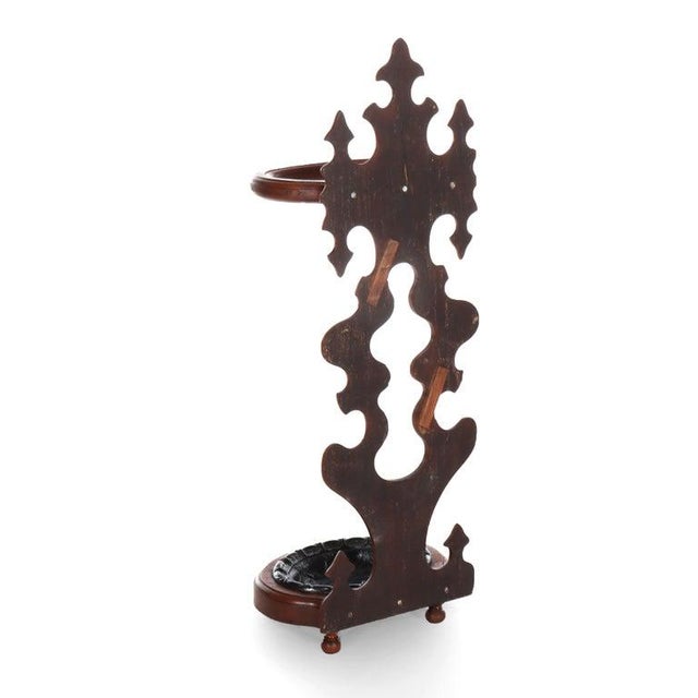Antique Rococo Walnut Umbrella Stand With Cast Iron Tray C1890 For Sale - Image 4 of 10