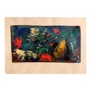 1961 French Abstract Still Life Gouache by Pierre Mas – Pear & Florals, Paris For Sale