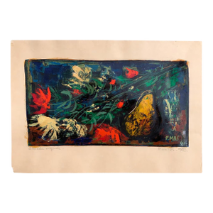 1961 French Abstract Still Life Gouache by Pierre Mas – Pear & Florals, Paris