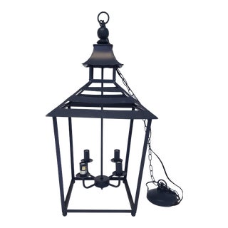 Chinoiserie Style Navy Tole Pendant Lantern (2 Available) For Sale