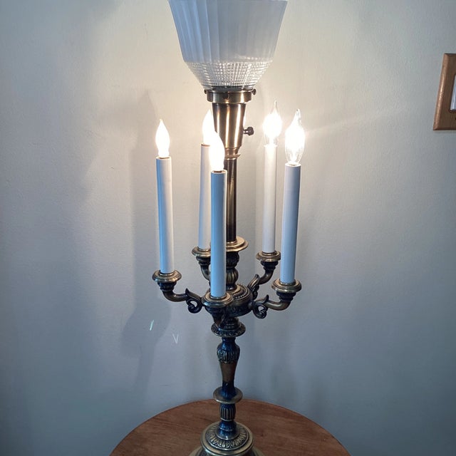 Hollywood Regency Large French Bouillotte Brass 5 Arm With Center Light Candelabra Table Lamp Circa 1950s For Sale In Chicago - Image 6 of 12