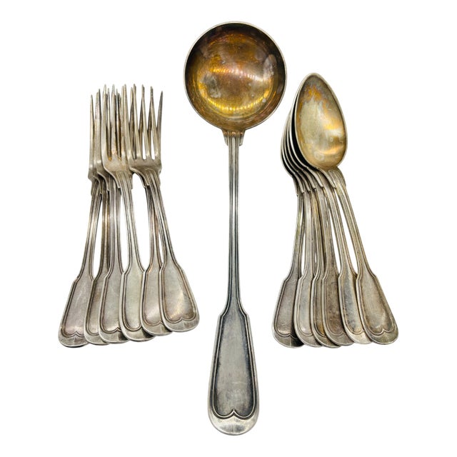 Silver-Plated Soup Cutlery Set with Spoons, Fork and Ladle from Christofle, France, 1900s, Set of 13 For Sale
