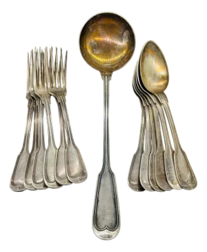 Silver-Plated Soup Cutlery Set with Spoons, Fork and Ladle from Christofle, France, 1900s, Set of 13