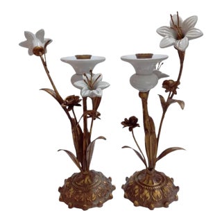 1940s Vintage French Porcelain and Tole Lilies Candle Holders- A Pair For Sale