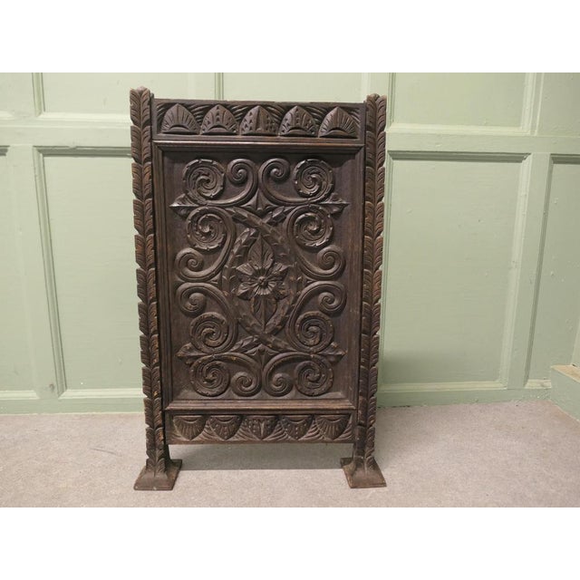 Gothic Carved Oak Fire Screen This sturdy Screen has a carved oak panel set in an Oak frame The screen is in good...