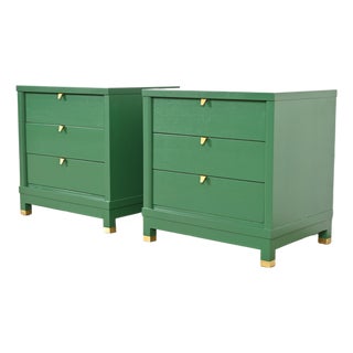 Merton Gershun for American of Martinsville Mid-Century Hollywood Regency Campaign Green Lacquered Nightstands, Newly Refinished For Sale
