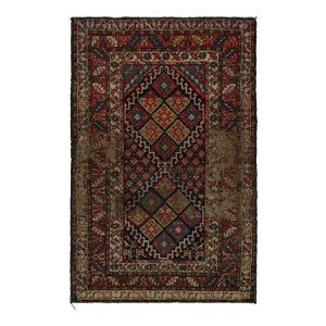 Late 18th Century Antique Caucasian Rug in Beige, Blue & Red Geometric Patterns, From Rug & Kilim