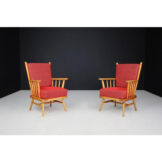 Scandinavian Mid-Century Modern Lounge Chairs in Beech and Red Upholstery, 1950s, Set of 2 For Sale - Image 9 of 13