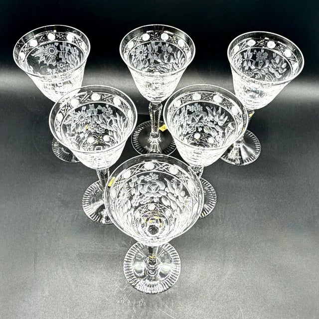 Meissen Crystal Wine Glasses, Floral Engraved & Cane Cut, German Bleikristall, 1960s, Set of 6 For Sale - Image 9 of 18