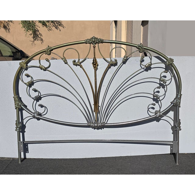 French Vintage French Elliott's Designs Iron Gold Silver King Headboard & Footboard For Sale - Image 3 of 12