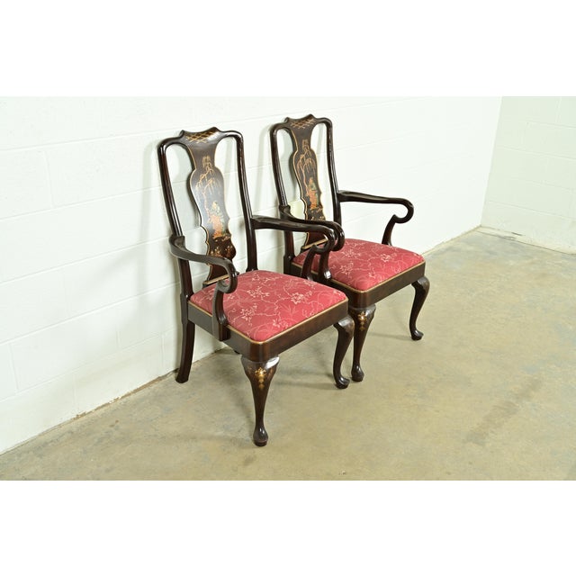 Henredon Henredon Chinoiserie Queen Anne Hand Painted Oak and Burl Wood Armchairs, Pair For Sale - Image 4 of 14