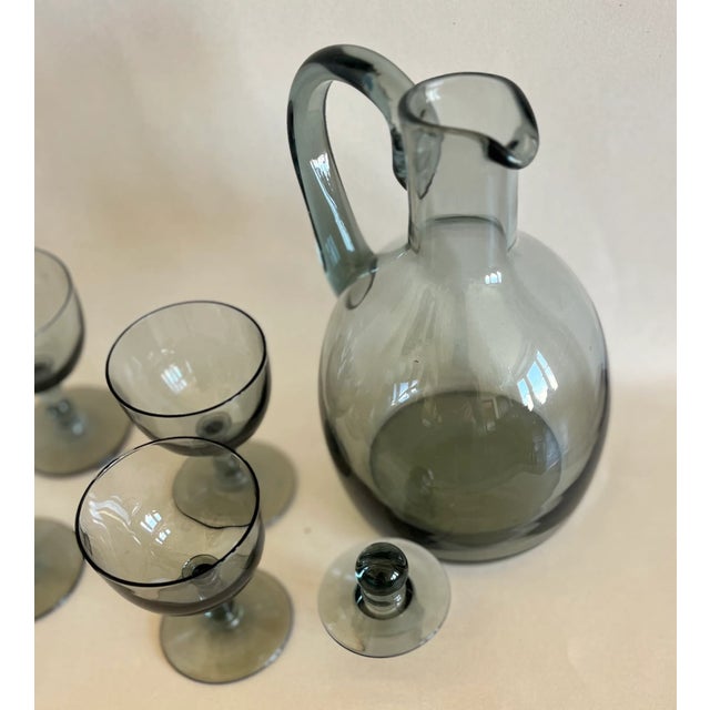 Glass 1930s Daum Nancy France Set of Six Wine / Port / Sauternes Stemware With Lidded Handled Carafe For Sale - Image 7 of 8