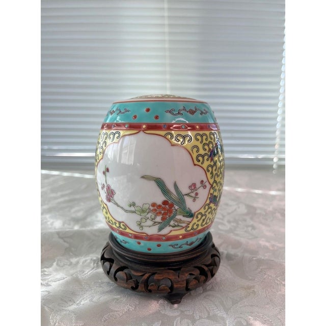 Vintage Jingdezhen Famille Rose Porcelain Ginger Jar & Stand - Bird & Floral 5" For Sale - Image 4 of 8