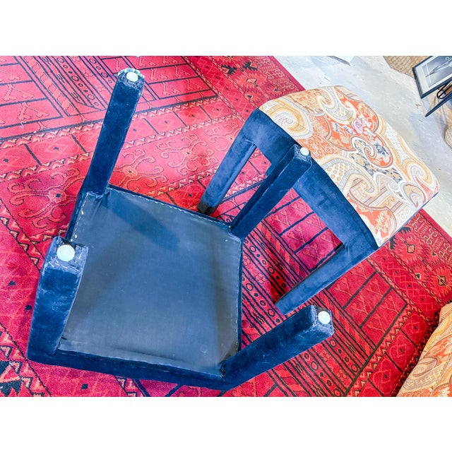 1970s Pair Mid Century Orange and Black Ottomans Upholstered in the Manner of Jack Lenor Larsen For Sale - Image 5 of 9