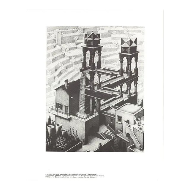 1988 M.C. Escher 'Waterfall' Surrealism Black & White Offset