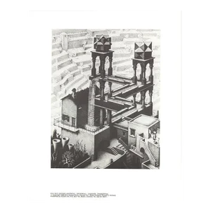 1988 M.C. Escher 'Waterfall' Surrealism Black & White Offset Lithograph