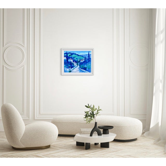 Textile Contemporary Blue Village Oil Landscape Painting For Sale - Image 7 of 9