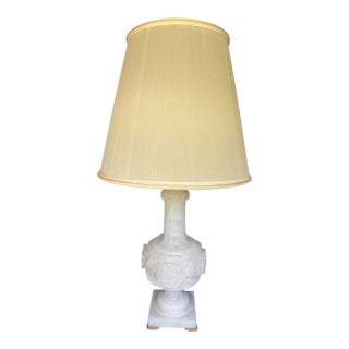 Antique Italian Carved Alabaster Table Lamp With Rose Relief Decoration & Pleated Silk Shade For Sale