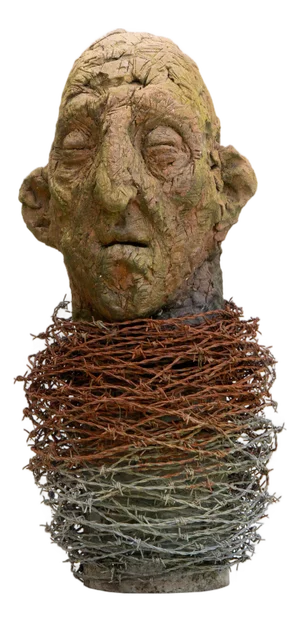 Óscar Aldonza Torres, Testa 14, 2019, Stoneware Fired in Reduction with Embedded Barbed Wire