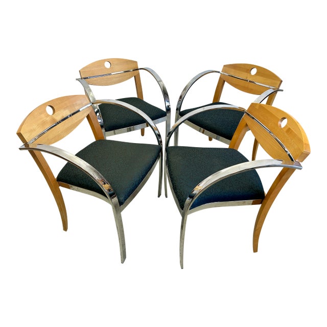 Vintage Paoli, Inc. Chrome & Light Wood Armchairs – Set of 4 For Sale