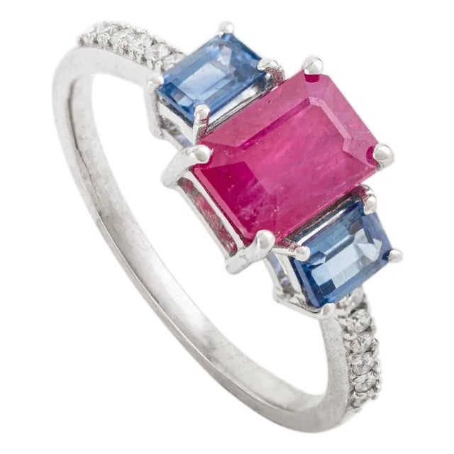 Art Deco Inspired Emerald Cut Ruby Sapphire & Diamond Ring Size 6.5 in 18k Gold For Sale