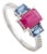 Art Deco Inspired Emerald Cut Ruby Sapphire & Diamond Ring Size 6.5 in 18k Gold For Sale