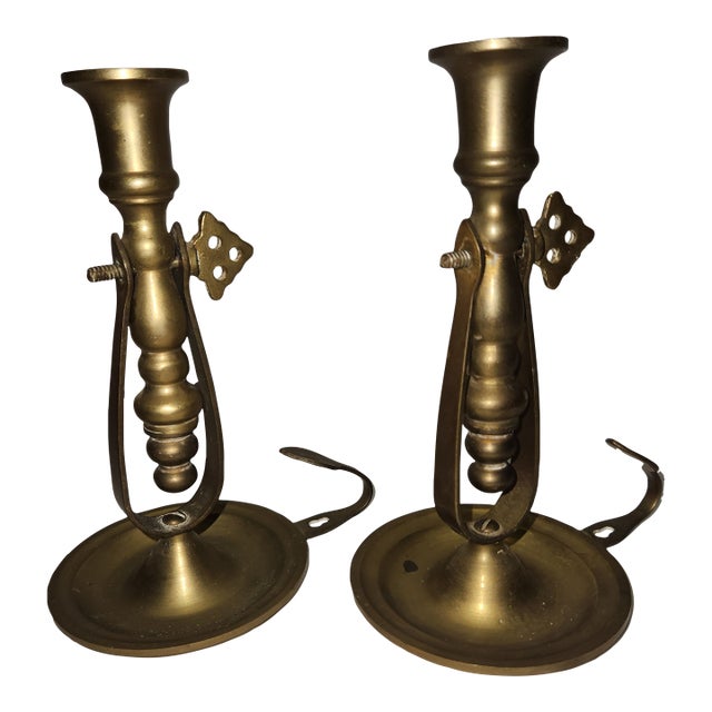 1960's Tilting Brass Candlestick Holders With Drip Tray & Holder - A Pair For Sale