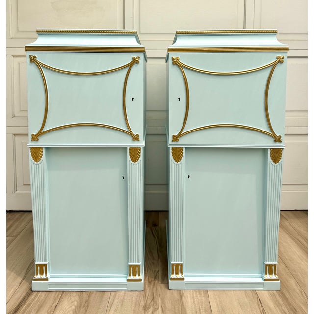 Pair of Antique Neoclassical Pedestal Cabinets in Robin’s Egg Blue With Gilt Trim, Refinished For Sale - Image 17 of 17