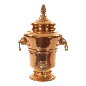 Large English Antique Copper Urn / Hinged Lid & Lions Head Side Handles