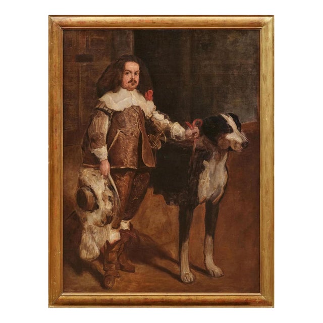Spanish School after Diego Velázquez, Dwarf with a Dog, 19th Century, Oil on Canvas For Sale