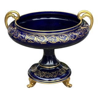Large Blue and Gold Sèvres Blue Centerpiece with Royal Coat of Arms of Francis I from Tours Faience, France, 1890s For Sale