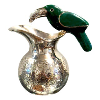 Mid-Century Mexican Silverplate & Malachite Parrot Pitcher, Style Los Castillo For Sale