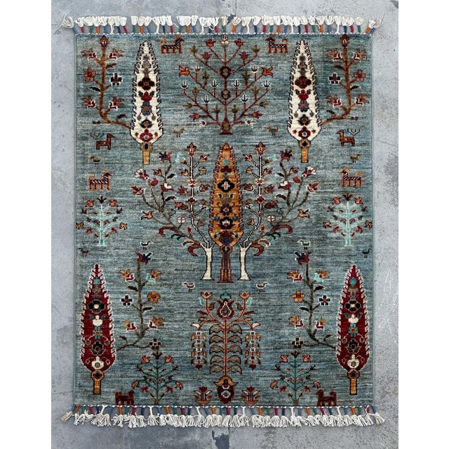 Small Persian Tree of Life Rug – Hand-Knotted Wool, 2.9x3.6 Ft, Aqua & Jewel Tones For Sale - Image 12 of 18