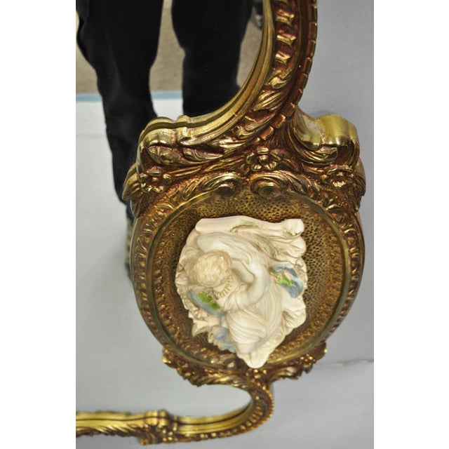 Vintage French Rococo Large Gold Wall Mirror With Bisque Figural Lovers Plaques For Sale - Image 11 of 12