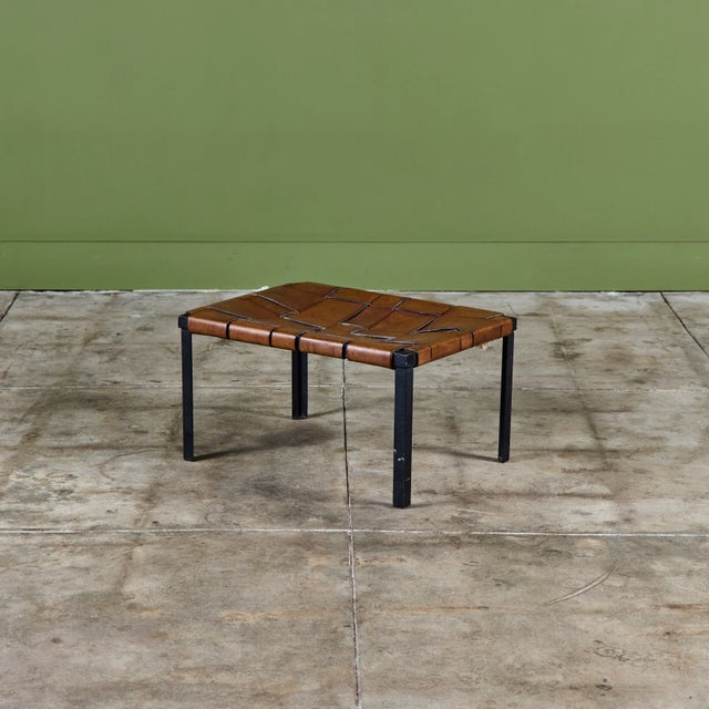 Woven cognac leather strap bench by Lila Swift & Donald Monell for Swift and Monell, c.1950s, USA. The leather has aged to...
