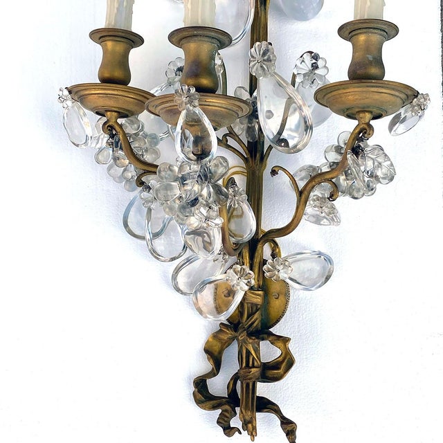 Pair Large French Louis XV Style Gilt Brass and Crystal Three-Light Wall Sconces For Sale In Denver - Image 6 of 12