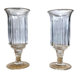 Pair of Fluted Glass Pedestal Hurricane Candle Holders For Sale