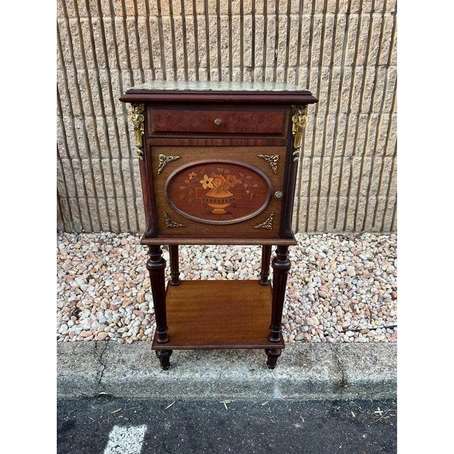 19th Century Pair Louis XVI Style Ormolu Mounted Marquetry Mahogany Marble Top Bedside Tables, 19th Century For Sale - Image 5 of 12