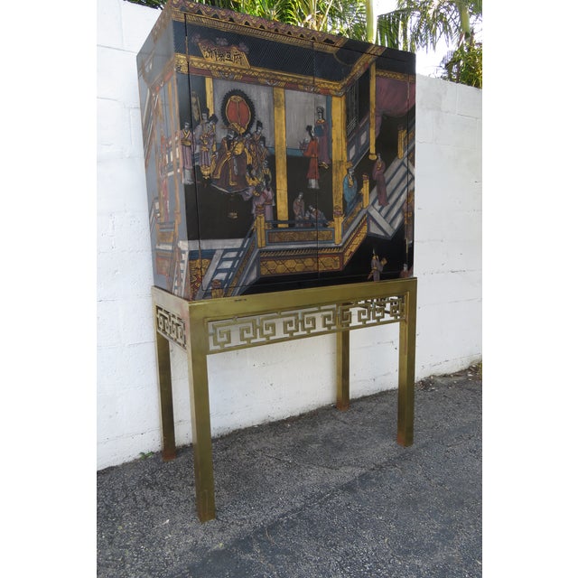 Wood Maitland Smith Hand Painted Chinoiserie Cabinet Cupboard on Brass Stand 5442 For Sale - Image 7 of 18
