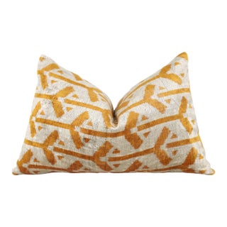 Handmade Velvet Tribal Pillow – 16x24" Gold & Ivory Silk Cushion For Sale