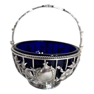 George V Sterling Silver Swing Handle Basket with Blue Glass Liner, 1912 For Sale