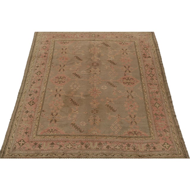 1920s Hand-Knotted Antique Oushak Rug in Beige-Brown Pink Floral Pattern For Sale - Image 5 of 7