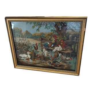 Vintage 1970s Handmade Needlepoint in Frame Featuring a Farm Scene Pond With Ducks, Geese, and Chickens Textile Art For Sale